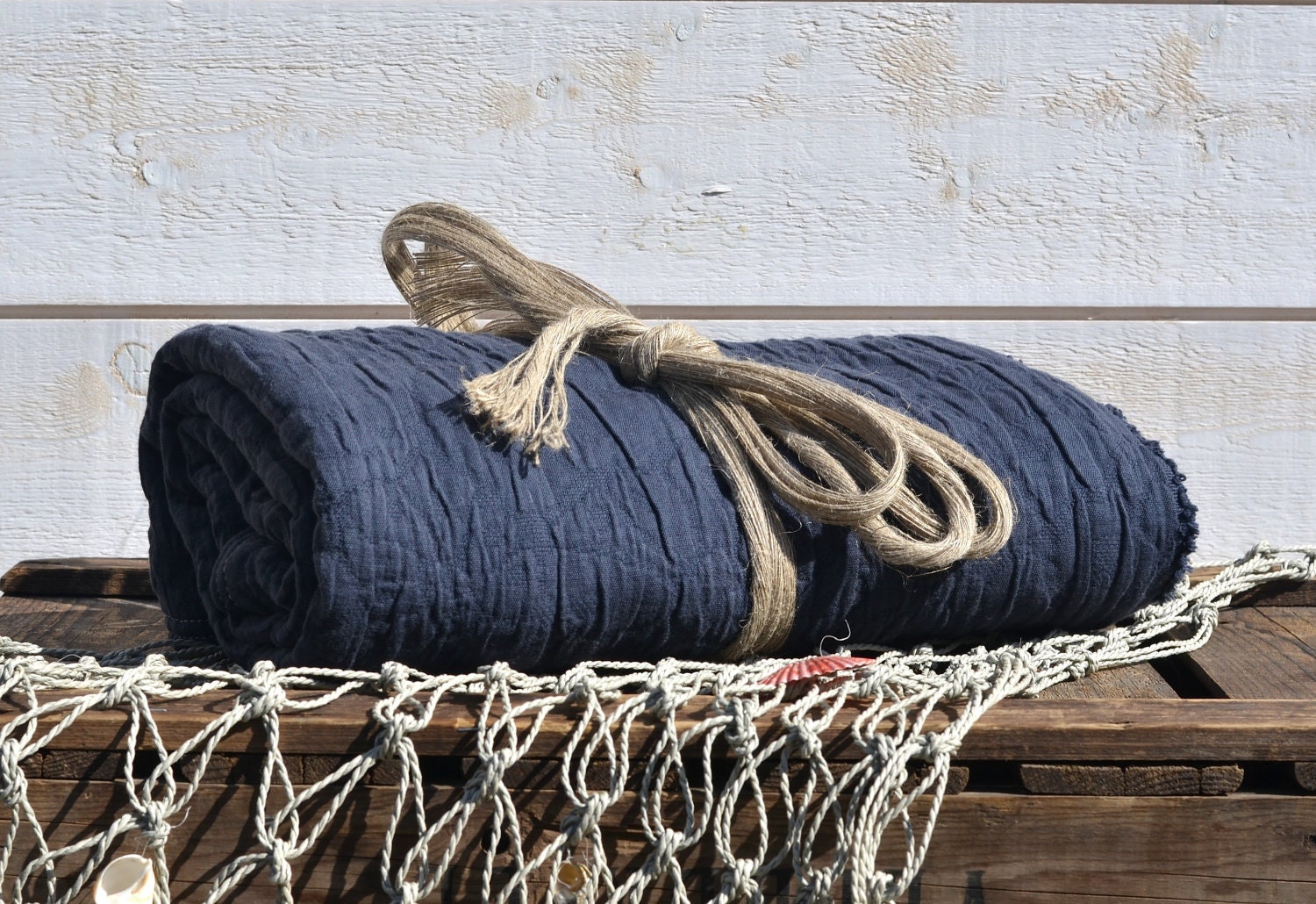 Blanket ECO FRIENDLY  French country / Natural dark navy picnic blanket indigo blue