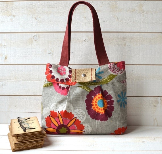 Bright Purse Diaper bag MIMOSA GRAY Medium / floral print  with red pink flower/  jute webbing flap-8 pockets