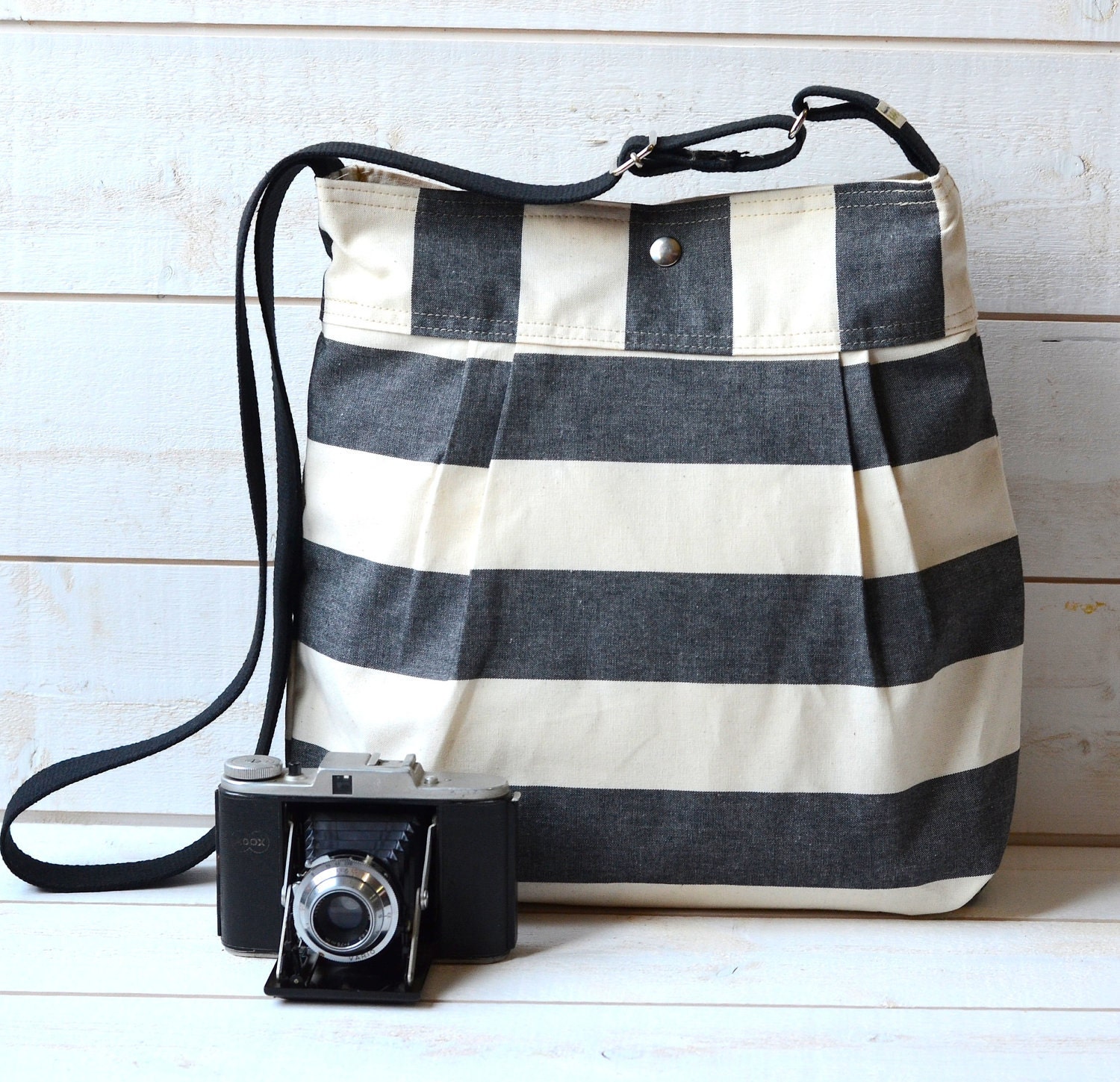 Water Proof - Diaper bag - Messenger bag-Tote STOCKHOLM  Black and Ecru Stripes II - 12 Pockets  / Made to order