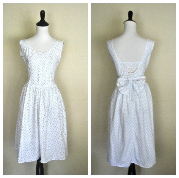 1980s Polka Dot Sundress with Cutout Back and Bow / Blue and White Cotton Summer Dress / Size Medium