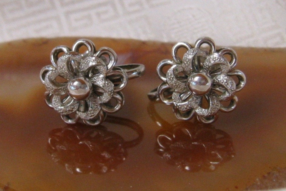 Vintage Silver Tone Floral Earrings