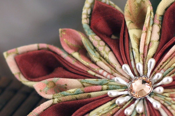 Large Barrette Clip: Kanzashi Flower Hair, Orange Silk and Fabric - Japanese Autumn