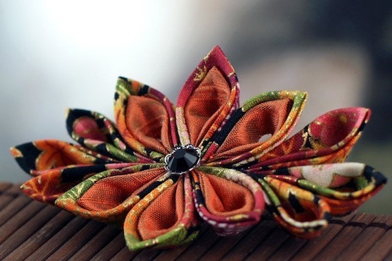 Kanzashi Flower: Hair Accessories, Barrette in Orange Silk and Fabric - Persimmon Flower