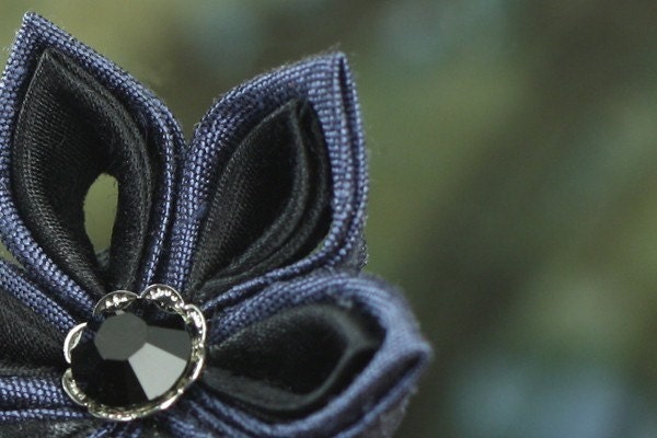 Flower Bobby Pins: Kanzashi Hair, Geisha, Blue and Black Silk - Night Storm