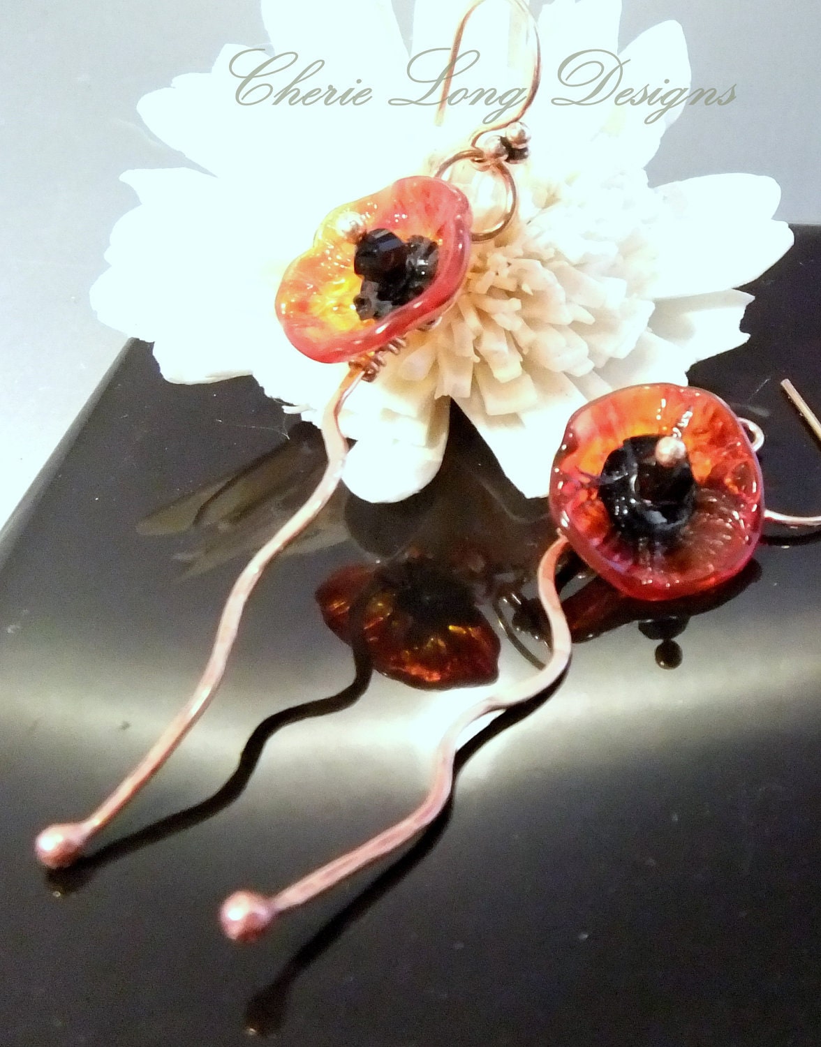 Dangle Earrings - Forever Poppies Lampwork and Copper Dangle Earrings