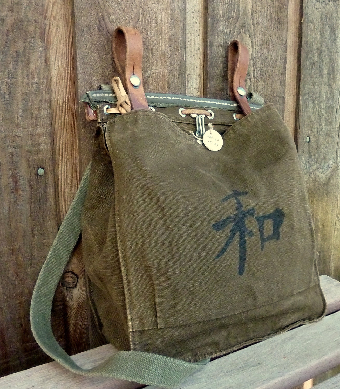 Vintage Military Satchel Hand Painted Kanji Peace