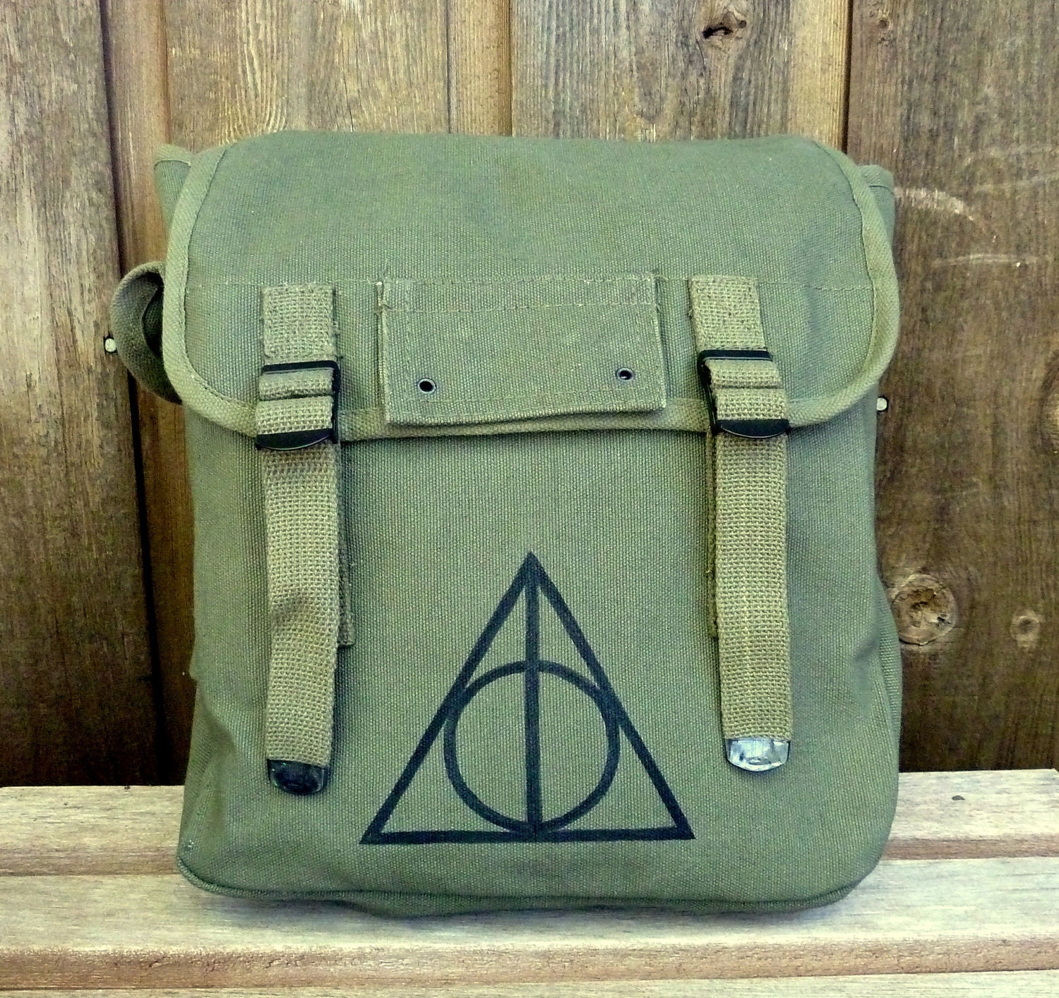 Large Harry Potter Deathly Hallows Hand Painted on a Vintage Style Military Canvas Backpack / Rucksack