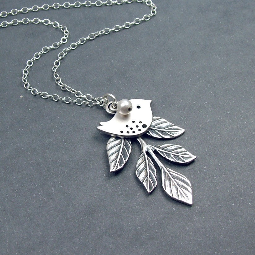 Leaf and Bird Necklace, Leafy Branch and Sparrow Necklace with Sterling SIlver Chain