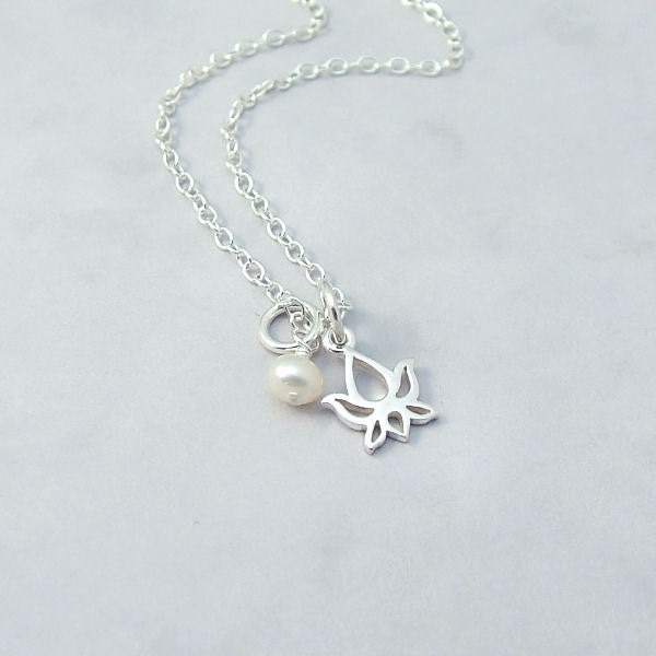 Dainty Sterling Silver Lotus Necklace with Freshwater Pearl, Lotus Flower, simple, everyday jewelry, minimal