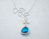 Branch Necklace - 'Florence Lagoon Blue'  Glass Drop, Freshwater Pearls and Sterling Silver Chain, Wedding, Blue Necklace
