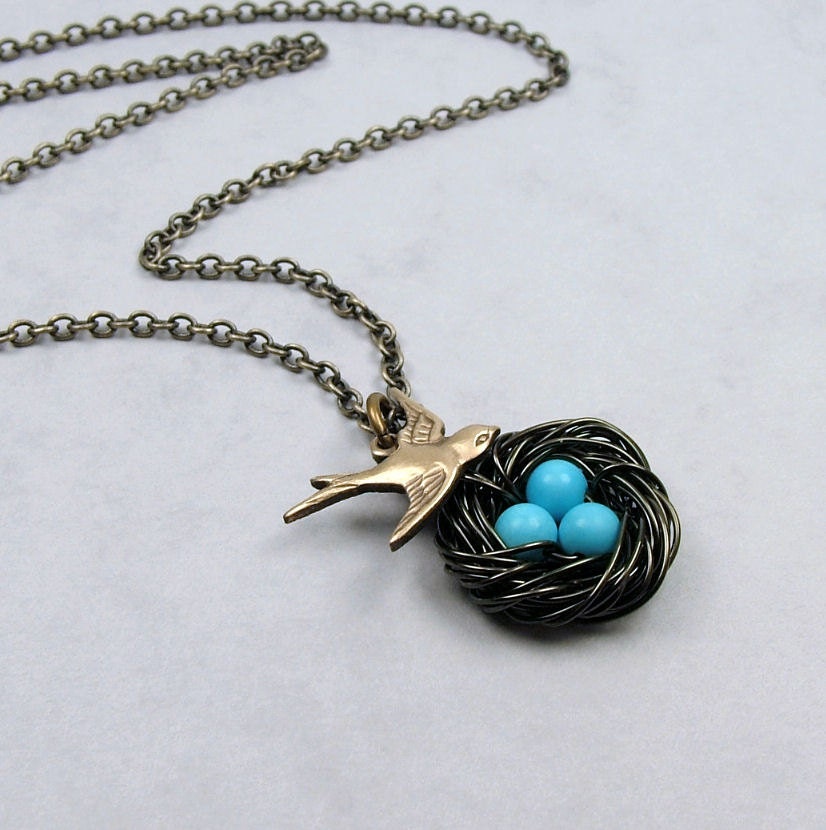 Turquoise Bird Nest Necklace with Swallow in Antiqued Brass
