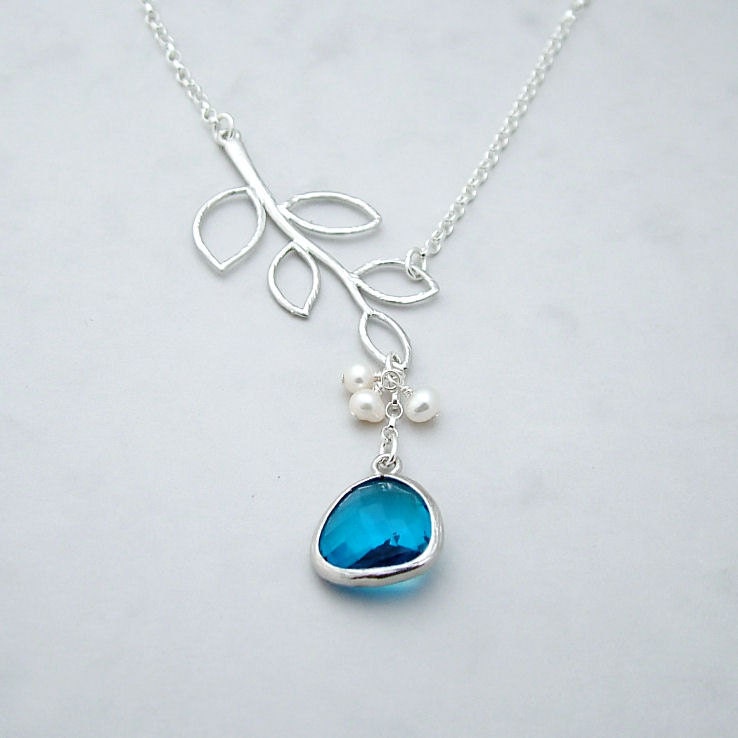 Branch Necklace - 'Florence Lagoon Blue'  Glass Drop, Freshwater Pearls and Sterling Silver Chain, Wedding, Blue Necklace