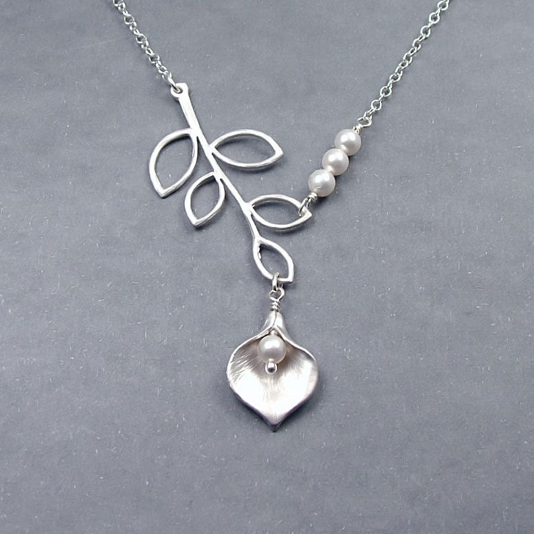 Calla Lily Necklace, Branch, Pearls, Sterling Silver Chain, Wedding Jewelry, Bridal Jewelry, Calla Necklace