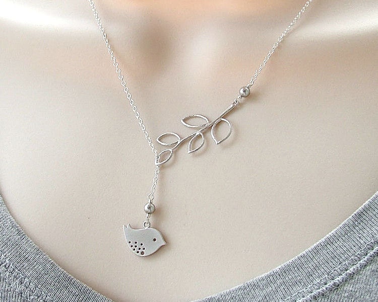 Bird and Branch Lariat Necklace 'Lydia in Grey' with Sterling Silver and Swarovski Pearls