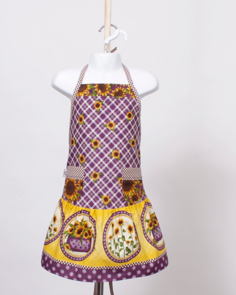 Child's full Apron, Sunflowers Purple Gold and Brown.