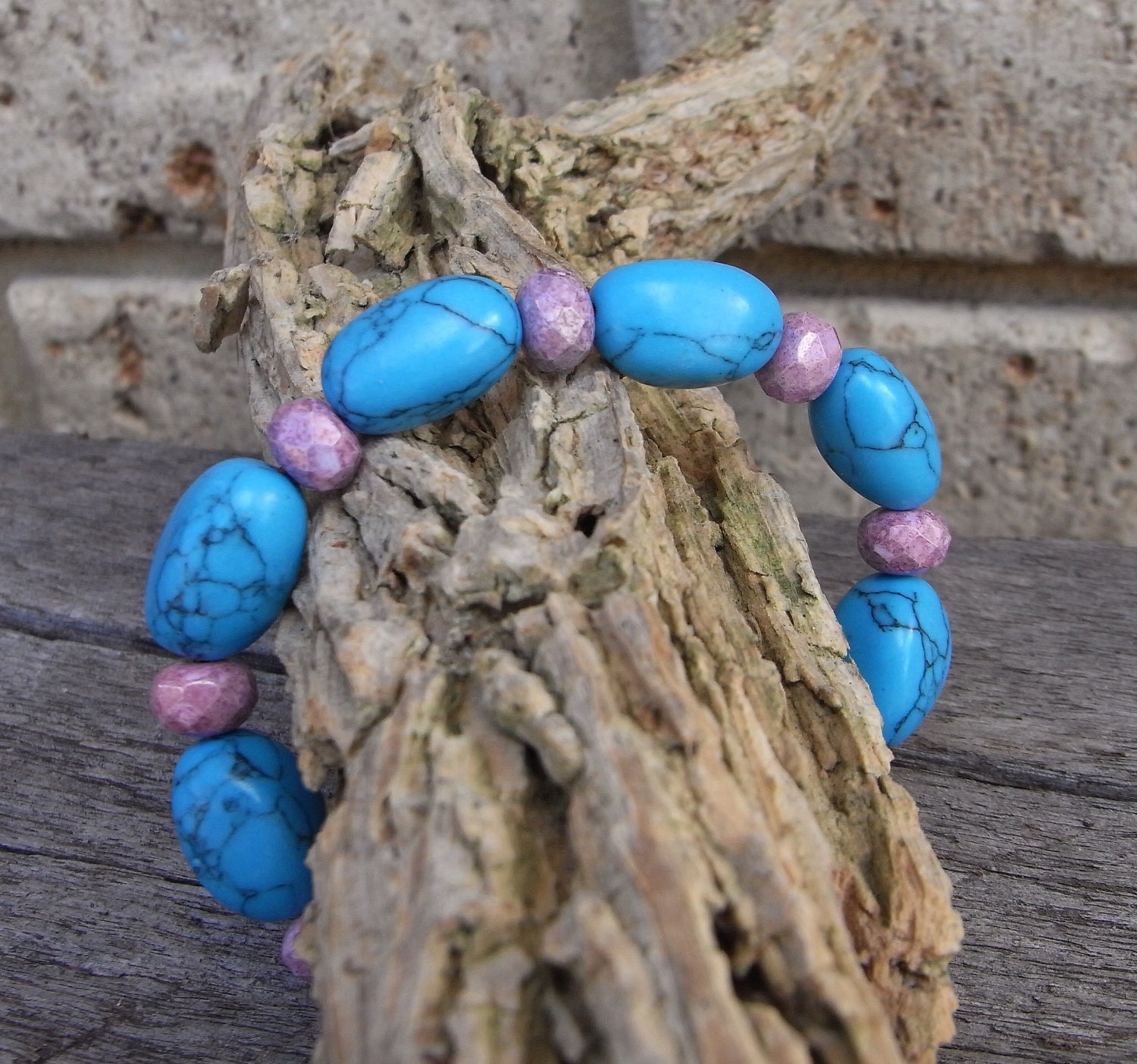 Turquoise Bracelet, beaded turquoise howlite, pink and blue, color therapy
