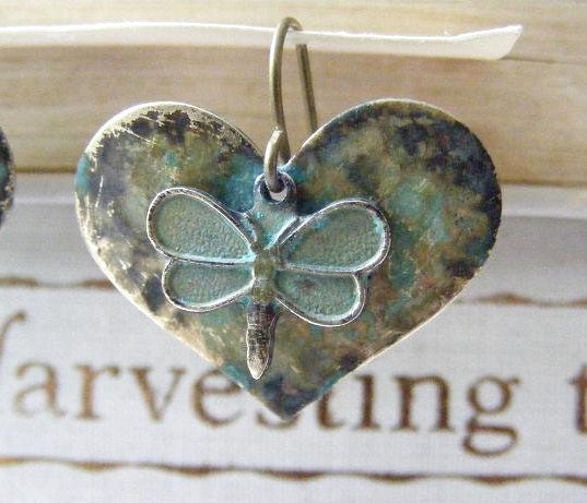 Chubby Hearts and Sweet Dragonflies in Verdigris Patina Finish Dangle Earrings