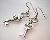Heart Key Earrings, mixed metal key to my heart earrings steel and silver  jewelry
