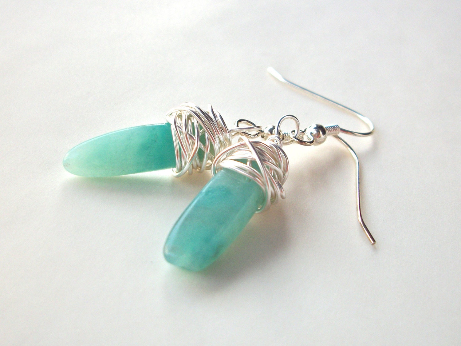 Amazonite earrings, trendy silver wire wrapped green gemstone earrings with amazonite spikes, long drop earrings