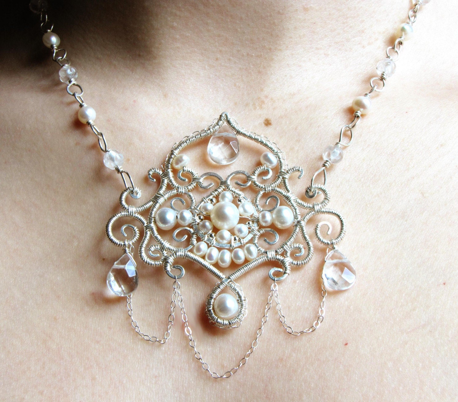 Custom bridal jewelry Taj Mahal necklace sterling silver, Quartz, pearls