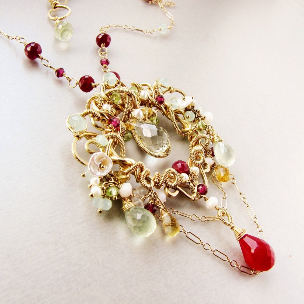 The Golden Orchid Necklace, 14 karat goldfilled wire work, Aquamarine, Prehnite, gemstones