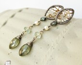 Sterling silver and gold earrings two tone, moss aquamarine and freshwater pearls