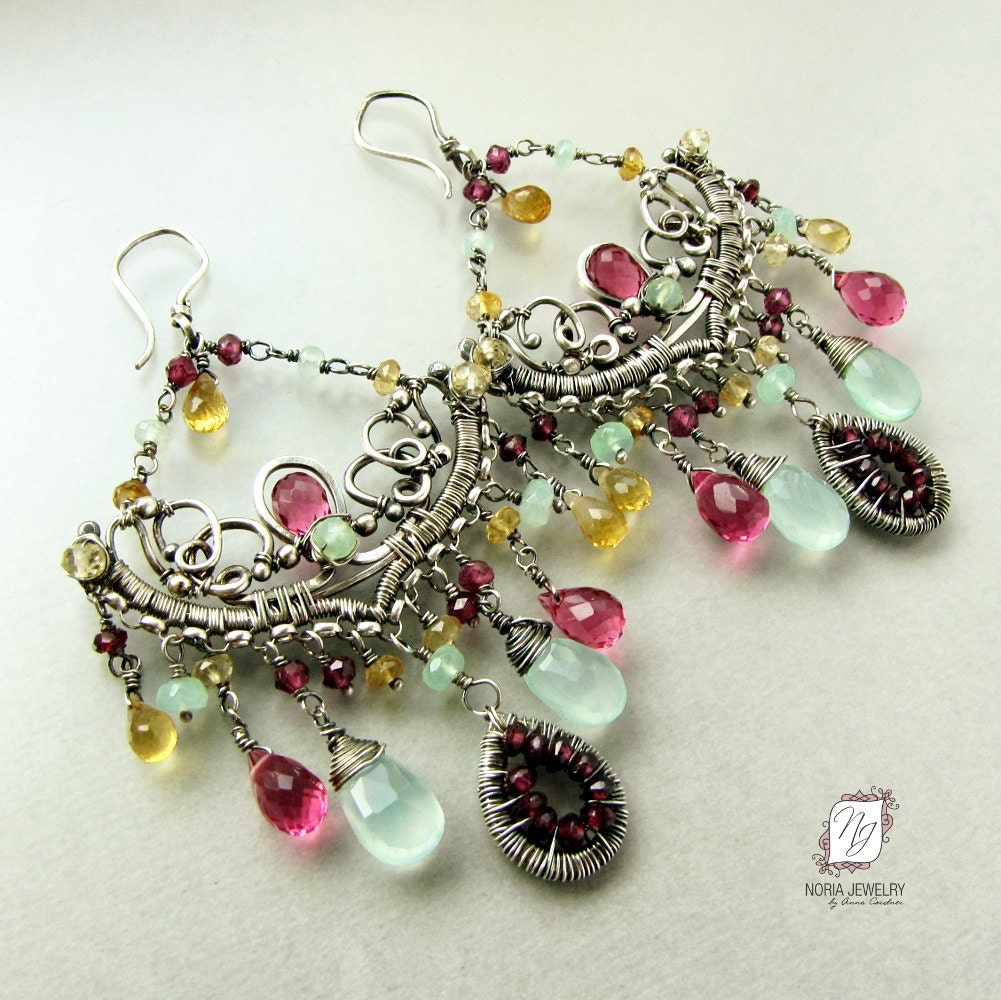 Sterling silver chandelier earrings, pink Quartz, sea foam green Chalcedony, Garnets, Citrine