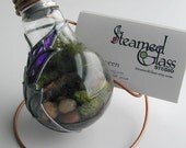 Business Card Display - Featuring Purple and Silver Floral 60 watt Moss Terrarium - Card on Right