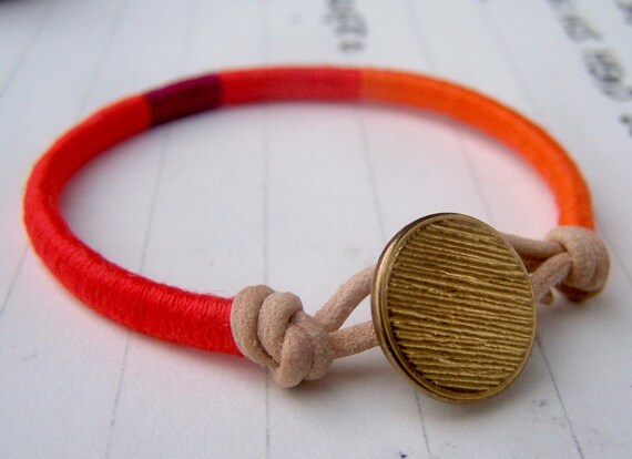 COOPER bracelet - textile and leather with metal button (persimmon wildberry kumquat)