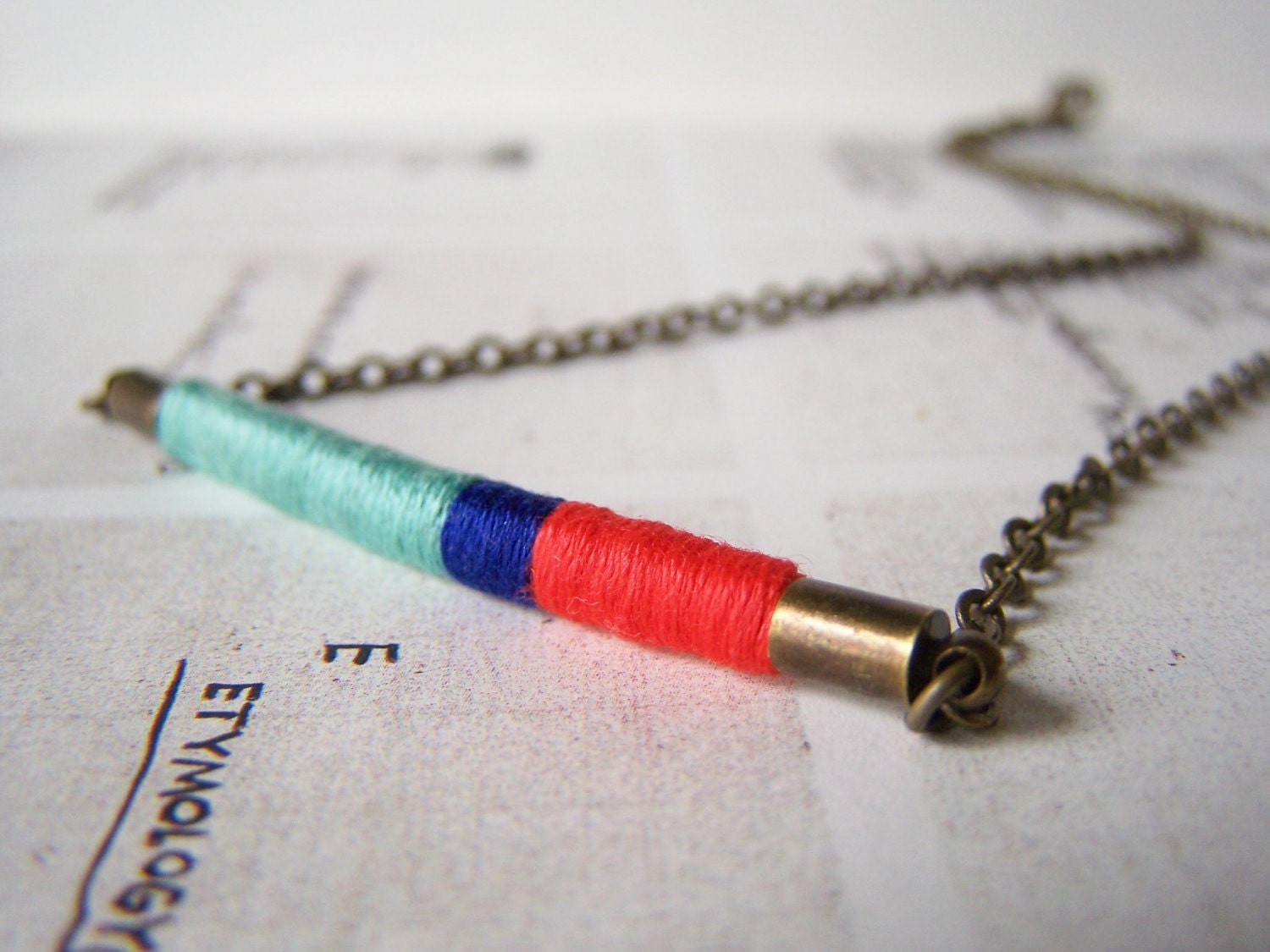 READY TO SHIP - Davis necklace - ethnic inspired, textile and leather with antiqued brass chain (celadon royal persimmon)