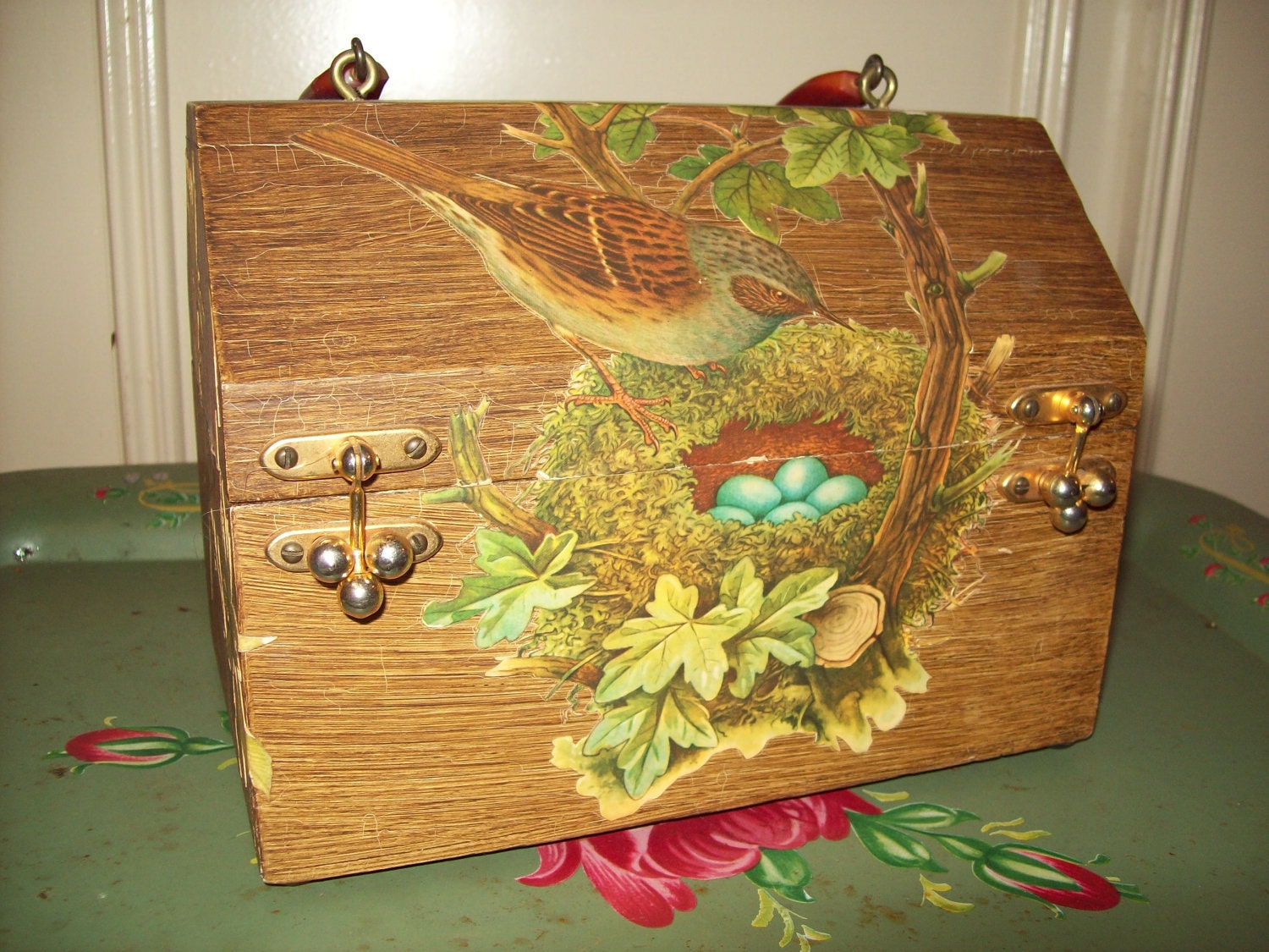 Vintage Retro Wood Box Purse with Birds