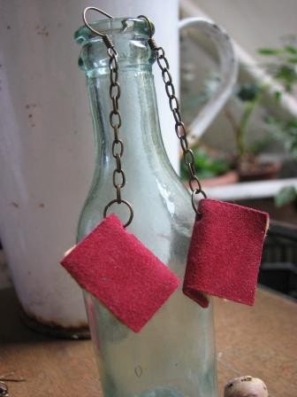 Mini Book Earrings -  red leather, suede