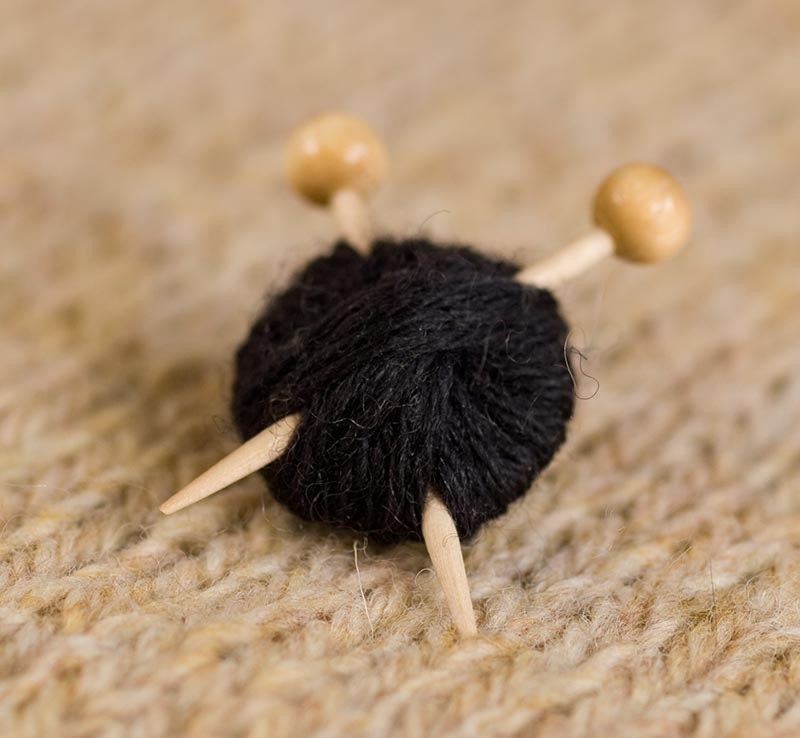 Knitting Brooch - Black Ball of Yarn and Needles