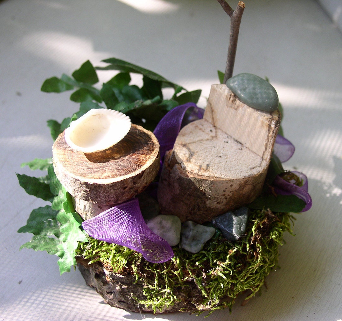 Woodland Fairy Furniture Chair Ferns Moss Purple Ribbon