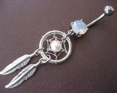 Pearl Dream Catcher Belly Button Jewelry Ring- Dangly Feather Opal Navel Piercing Azeeta Designs