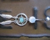 Icy Green Sea Glass Opal Dream Catcher Belly Button Jewelry Ring- Feather Dangle Mint Dreamcatcher Navel Piercing Jewelry Azeeta Designs