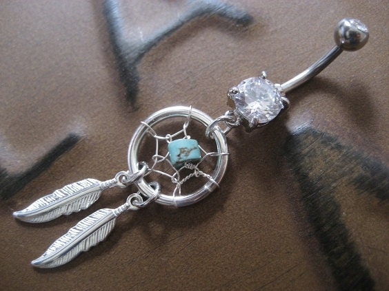 Dream Catcher Belly Button Ring- Turquoise Stone Dreamcatcher Feather Charm Dangle Navel Jewelry Piercing