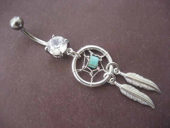 Dream Catcher Belly Button Ring- Turquoise Stone Dreamcatcher Feather Charm Dangle Navel Jewelry Piercing