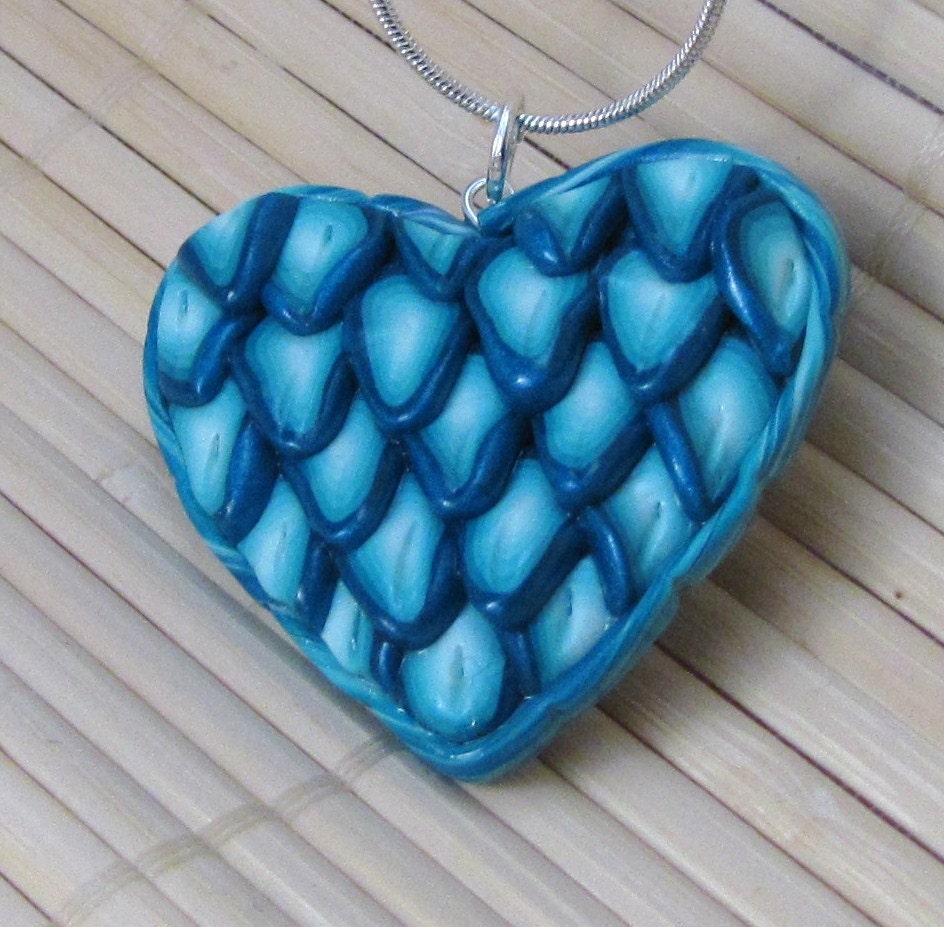 Blue Peacock Feather HEART Necklace - handmade polymer clay