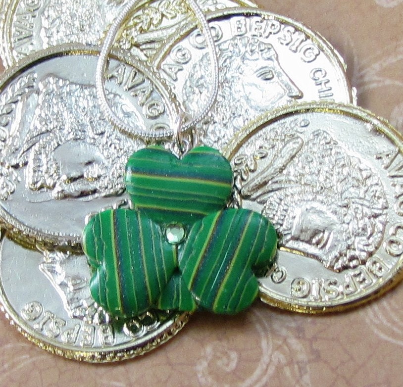 Striped Green SHAMROCK Pendant - Polymer Clay and Swarovski Crystal