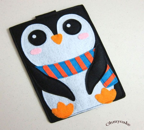 iPad case - iPad and purse - iPad bag - iPad covers - iPad Sleeve - Handmade felt iPad Sleeve - " Kawaii Penguin " Design