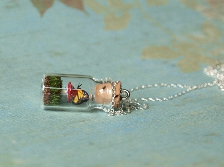 RESERVED Tiny Woodland Terrarium Mushroom and Monarch Butterfly Necklace