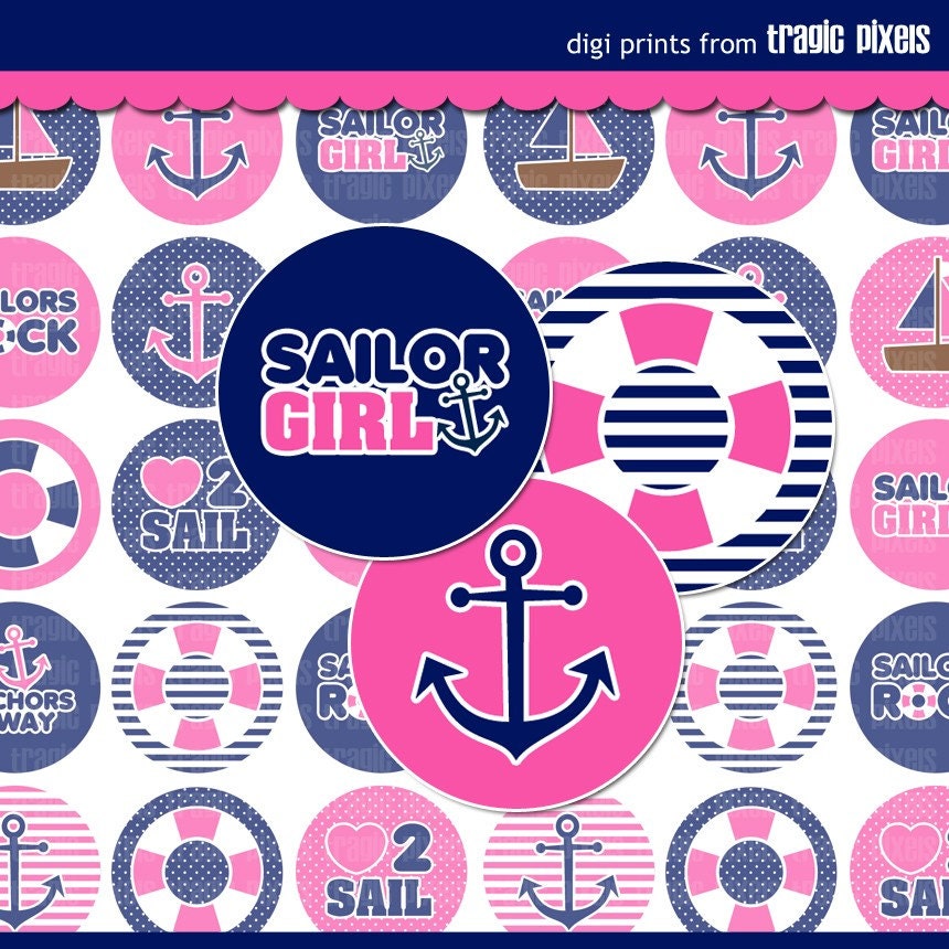 Sailors Rock Pink Bottle Cap Images - 4x6 Digital Collage Sheet (No. 576) - 1 Inch Circles for Bottlecaps, Hair Bows, & More