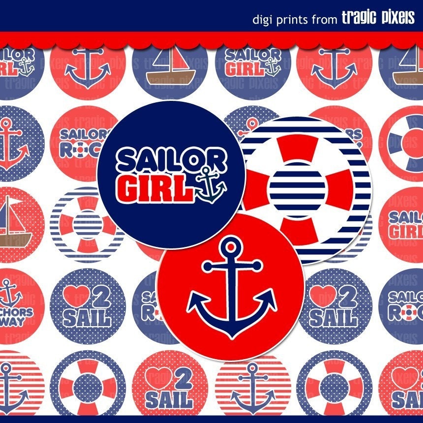 Sailors Rock Red Bottle Cap Images - 4x6 Digital Collage Sheet (No. 575) - 1 Inch Circles for Bottlecaps, Hair Bows, Magnets, & More