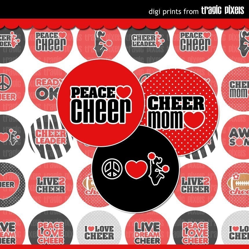 Cheer Rocks Red Bottle Cap Images - 4x6 Digital Collage Sheet (No. 594) - 1 Inch Circles for Bottlecaps, Hair Bows - Instant Download