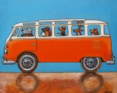 172 Itsasambadear  - signed and numbered giclee print of an orange and white  volkswagen bus  - 4 x 14 cm / 5.5 x 5.5 inch