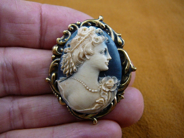 Woman with ringlets hair curls up with ribbon Cameo Pin Pendant Jewelry brooch necklace repro Brass CS62-2