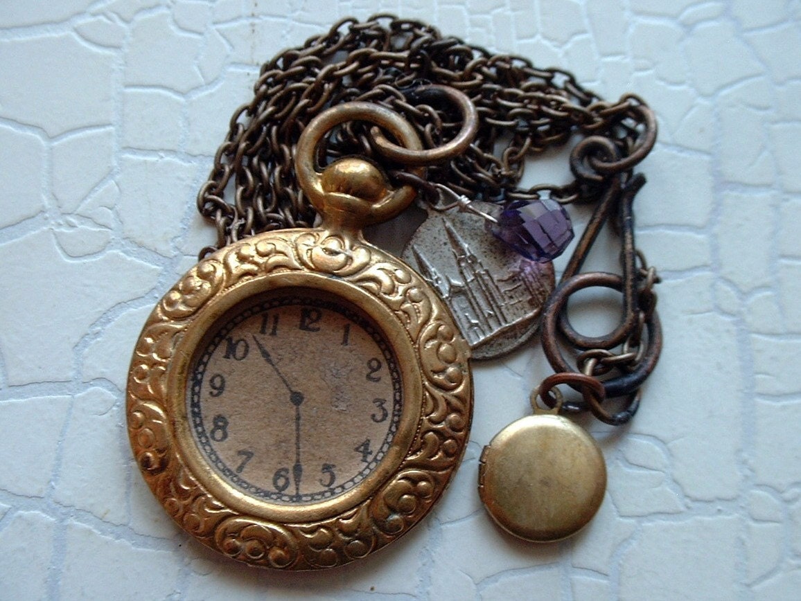 Brass pocket watch clock Catholic cathedral charm necklace