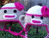 Sock Monkey Earflap Hat - Sisters - Set of Two - (Beige, White and Hot Pink)
