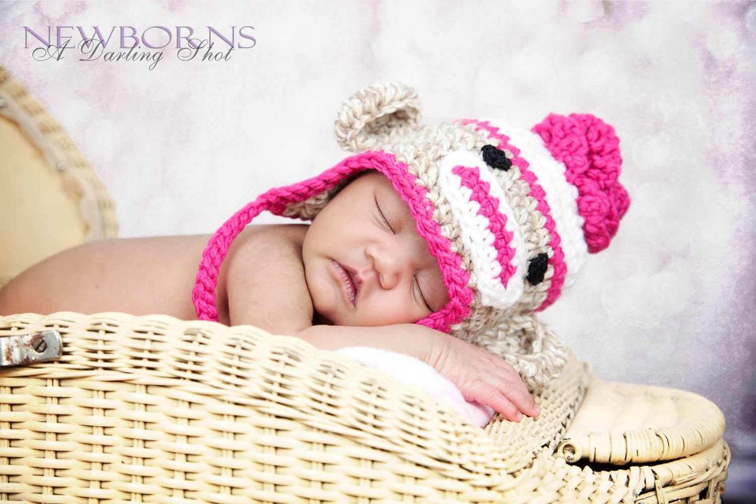 Newborn, Baby, Infant Flower Sock Monkey Earflap Hat - Great Photography Prop (Beige, White and Hot Pink )